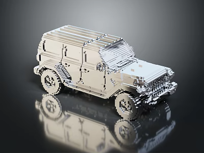 Silver Block Like SUV Model With Metallic Texture And Reflective Surface On Black Background 3d model
