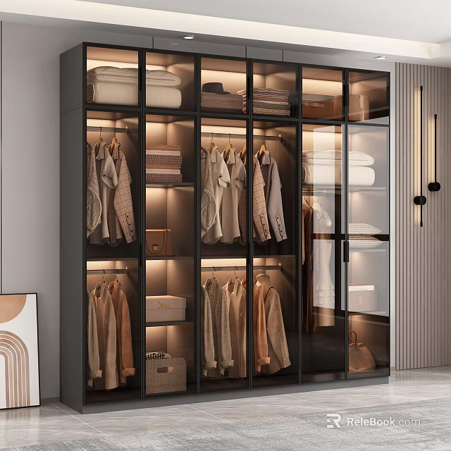 Modern Glass Door Wardrobe Interior With Hanging Folded Clothes And Built In Lighting 3d model 