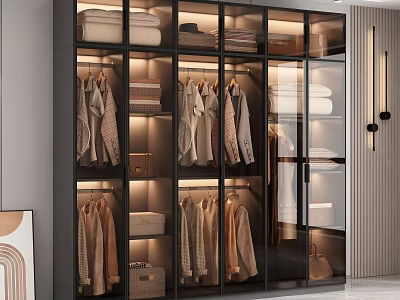 Modern Glass Door Wardrobe Interior With Hanging Folded Clothes And Built In Lighting 3d model