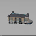Classical Style Building Featuring Light Colored Facade Blue Roof Multiple Windows And Curved Corner