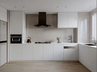 Modern Kitchen Interior Design With White Cabinets Black Range Hood Stove And Sink 3d model