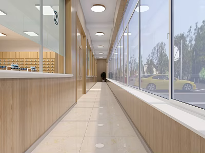 Modern Corridor Interior With Glass Windows Wooden Walls And Marble Floor 3d model