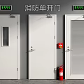 Fire Safety Single Doors with Emergency Exit Signs and Red Fire Extinguisher