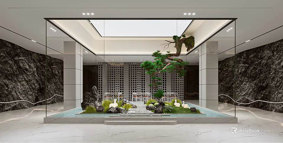 Indoor Chinese Garden Landscape With Rockery Green Plants And Water Feature 3d model 