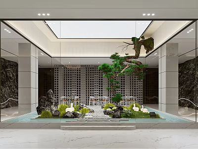Indoor Chinese Garden Landscape With Rockery Green Plants And Water Feature 3d model