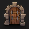 Medieval Style Wooden Door With Stone Arch Frame And Metal Hinges