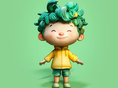 Cute Doll with Green Curly Hair Yellow Jacket Green Shorts Smiling on Soft Green Background 3d model