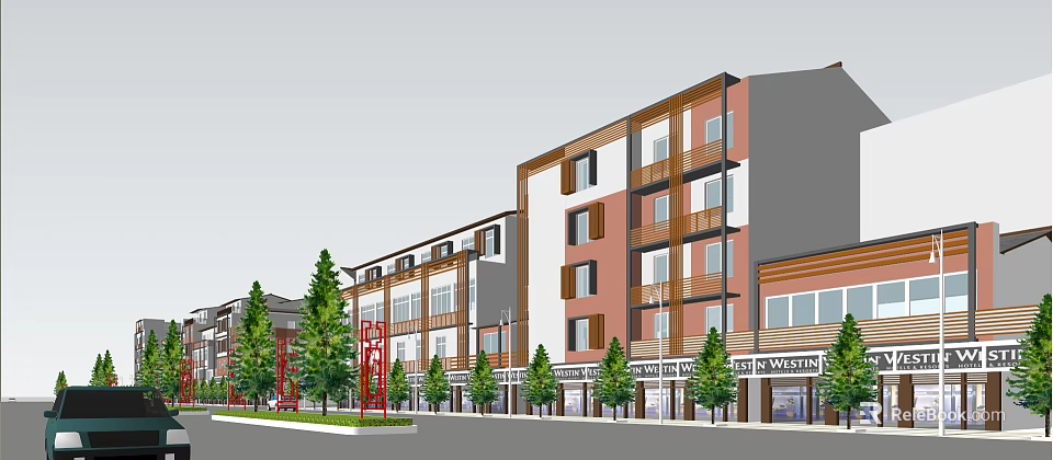 Vibrant Commercial Street With Multi Story Buildings Storefronts Trees And Signage 3d model 