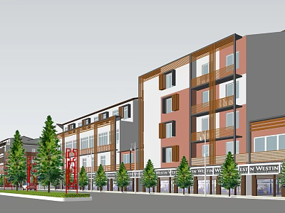 Vibrant Commercial Street With Multi Story Buildings Storefronts Trees And Signage 3d model
