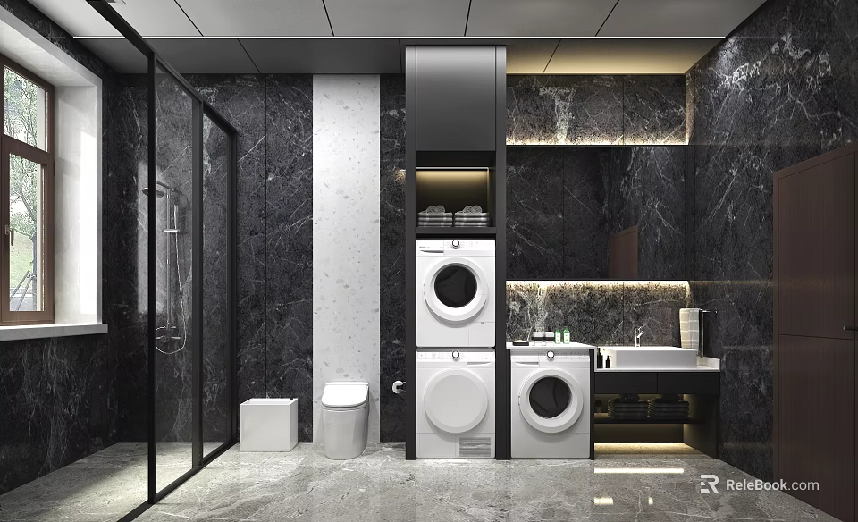 Luxury Modern Bathroom With Black Marble Walls Glass Shower Stacked Washing Machines And White Toilet 3d model 