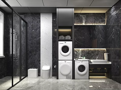 Luxury Modern Bathroom With Black Marble Walls Glass Shower Stacked Washing Machines And White Toilet 3d model
