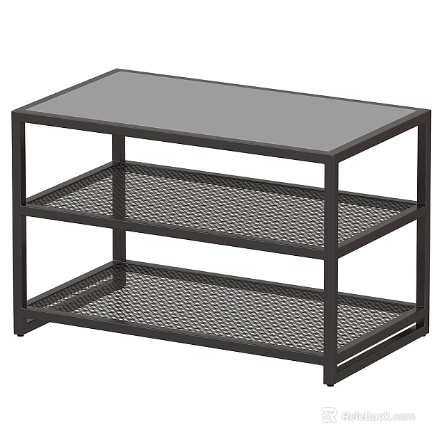 Modern Black Coffee Table with Glass Top and Three Tier Mesh Shelves 3d model 