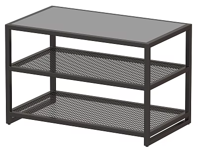 Modern Black Coffee Table with Glass Top and Three Tier Mesh Shelves 3d model
