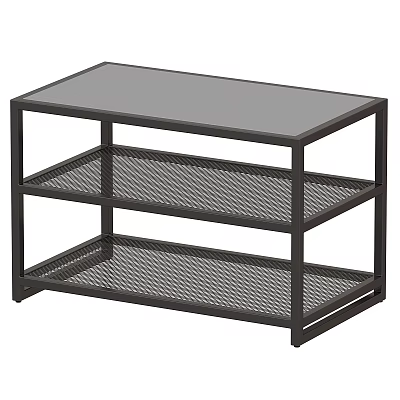 Modern Black Coffee Table with Glass Top and Three Tier Mesh Shelves 3d model