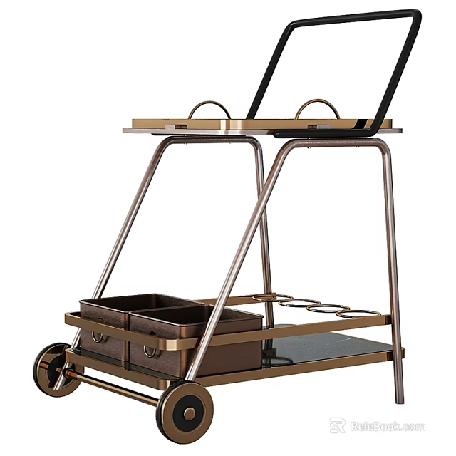 Stylish Modern Serving Cart With Metal Frame Two Tier Design Glass Shelf And Wheels 3d model 
