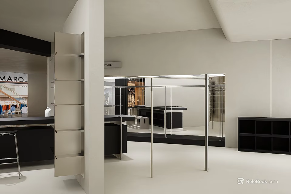 Minimalist Modern Clothing Store Interior With Open Display Metal Racks And Showcase 3d model 