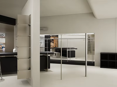 Minimalist Modern Clothing Store Interior With Open Display Metal Racks And Showcase 3d model