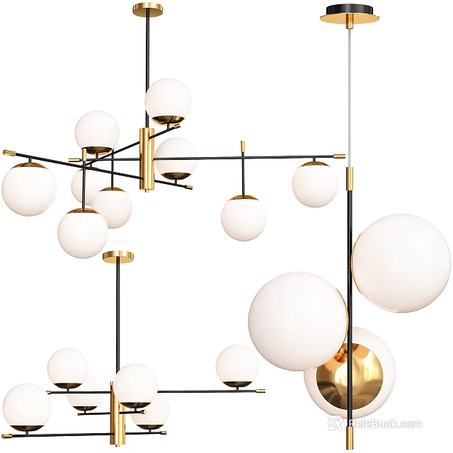 Modern Chandelier With White Globe Shades And Gold Black Metal Frame 3d model 