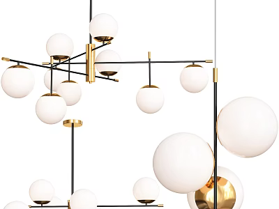 Modern Chandelier With White Globe Shades And Gold Black Metal Frame 3d model