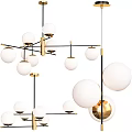 Modern Chandelier With White Globe Shades And Gold Black Metal Frame