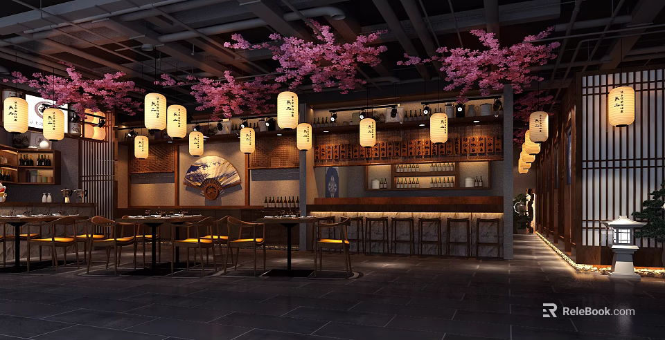 Elegant Japanese Restaurant Interior With Pink Cherry Blossoms Hanging Lanterns And Wooden Bar Counter 3d model 