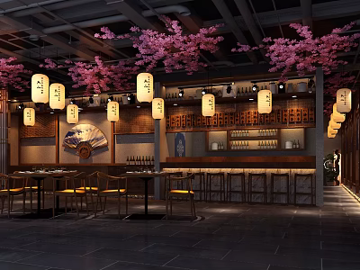 Elegant Japanese Restaurant Interior With Pink Cherry Blossoms Hanging Lanterns And Wooden Bar Counter 3d model