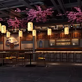 Elegant Japanese Restaurant Interior With Pink Cherry Blossoms Hanging Lanterns And Wooden Bar Counter
