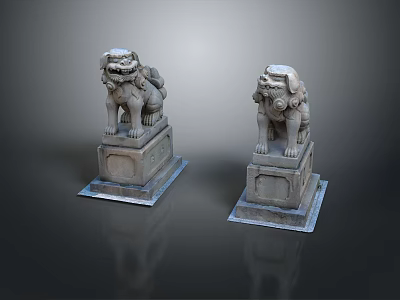 Traditional Stone Lion Statues With Classical Pedestal And Detailed Carving Work 3d model