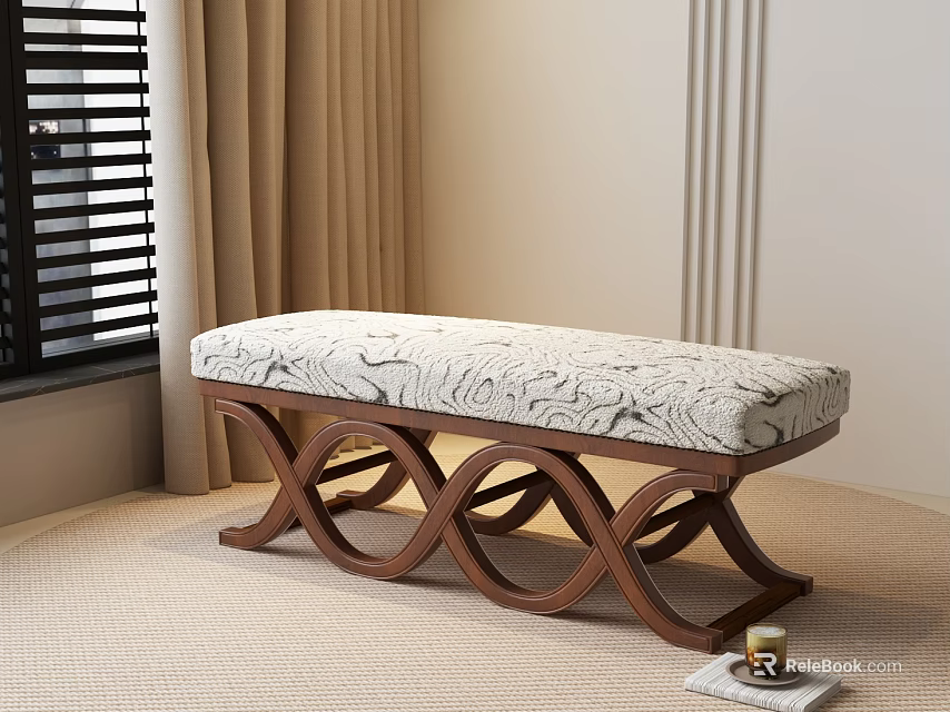 Ottoman Bench With Curved Wooden Frame And Floral Pattern Upholstered Cushion In Living Room 3d model 