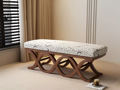 Ottoman Bench With Curved Wooden Frame And Floral Pattern Upholstered Cushion In Living Room 3d model