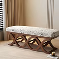 Ottoman Bench With Curved Wooden Frame And Floral Pattern Upholstered Cushion In Living Room