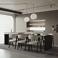Modern Restaurant Interior Featuring Open Kitchen Dining Table Chairs And Pendant Lights 3d model