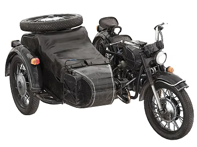 Vintage Black Motorcycle With Sidecar Spare Tire Leather Seat And Storage 3d model