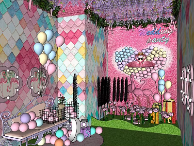 Pink Themed Party Decor With Colorful Balloons Green Plants And Gift Boxes 3d model