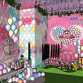 Pink Themed Party Decor With Colorful Balloons Green Plants And Gift Boxes