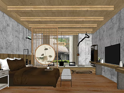 Elegant Hotel Guest Room With Wooden Ceiling Stone Wall Circular Decor And TV 3d model