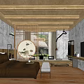 Elegant Hotel Guest Room With Wooden Ceiling Stone Wall Circular Decor And TV