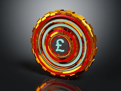 Colorful Layered Circular Metallic Structure With Central Pound Symbol And Shiny Rings 3d model