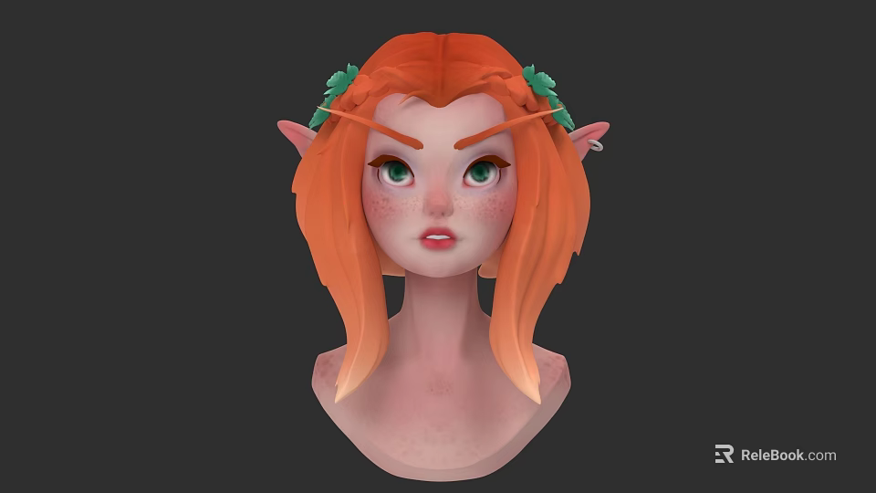 Woman With Orange Hair Green Leaf Accessory Pointed Ears And Freckles Digital Character 3d model 