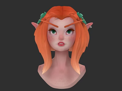 Woman With Orange Hair Green Leaf Accessory Pointed Ears And Freckles Digital Character 3d model