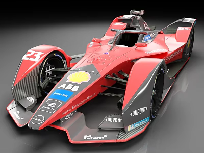 Red and Black Electric Race Car With Shell Kumho Sponsors Number 23 Design 3d model