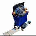 Blue Trash Bin Overflowing With Mixed Garbage Bags Cardboard And Litter