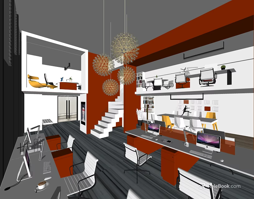 Modern Office Interior Design With Staircase Pendant Lights Open Layout Desks And Computers 3d model 