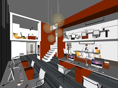Modern Office Interior Design With Staircase Pendant Lights Open Layout Desks And Computers 3d model