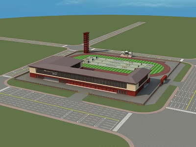 Aerial View Plan of Sports Stadium with Track Field Tower Road and Parking Lot 3d model
