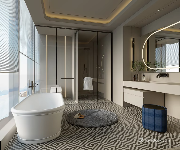 Modern Luxury Bathroom Interior With Glass Shower Freestanding Bathtub Round Mirror And Geometric Floor Tiles 3d model 