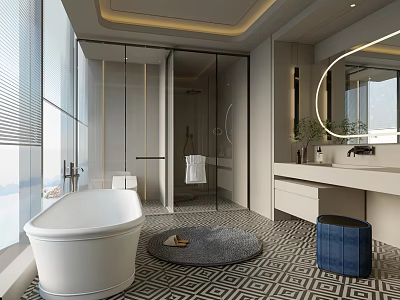 Modern Luxury Bathroom Interior With Glass Shower Freestanding Bathtub Round Mirror And Geometric Floor Tiles 3d model