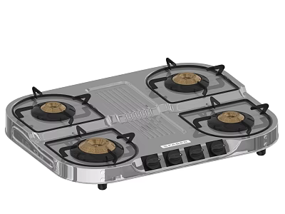 Kitchen Appliance Four Burner Gas Stove with Silver Panel Black Knobs and Countertop Design 3d model