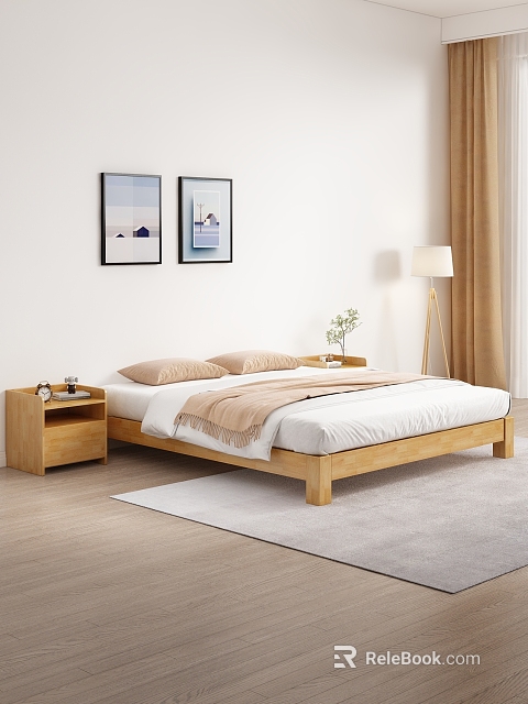 Wooden Single Bed with Pillows Bedding Blanket Nightstands Wall Art Floor Lamp Curtains and Rug 3d model 