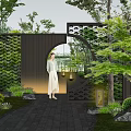 Oriental Garden Wall With Circular Arch Perforated Design Lush Greenery Stone Path And Hanging Lanterns